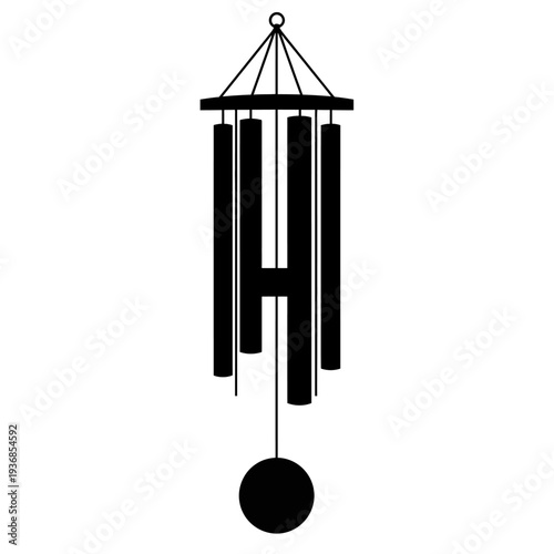 Black Silhouette Wind Chime with Metal Tubes Hanging, Peaceful Melody Sound Object isolated on transparent background