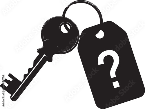 Key with question mark tag, mystery object, unknown item, solution concept, search for answer, lost and found, black and white icon