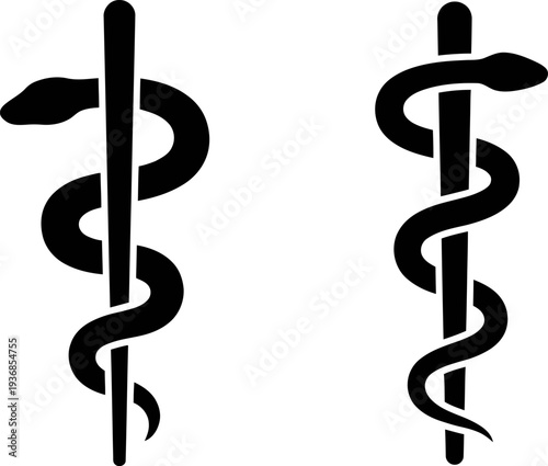 Rod of Asclepius Black Silhouette , Authentic Symbol of Medicine and Healing