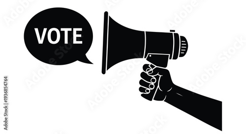 A black and white illustration of a hand holding a megaphone with the word vote