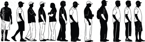 Diverse group silhouettes of men and women standing in a line wearing casual clothing and hats for community and social queue concepts.