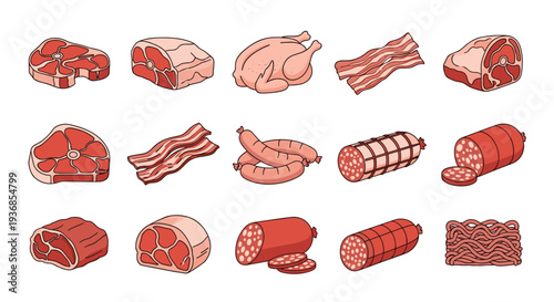 Detailed collection of colorful meat icons features various products like steak, bacon, sausages, ham, and a whole chicken in a flat style.