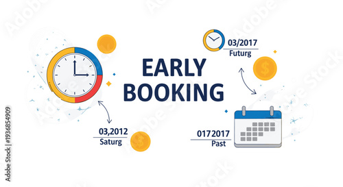 Marketing graphic for early booking features clocks, calendars, and gold coins to promote discounts for making reservations in advance.