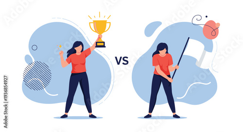 Comparison illustration shows a successful woman holding a trophy and a defeated woman holding a white flag, representing win versus loss.