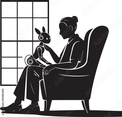 Woman sitting in armchair caressing robotic animal on transparent background