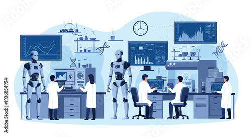 Advanced research laboratory features scientists and humanoid robots working together at high-tech stations with data monitors and equipment.