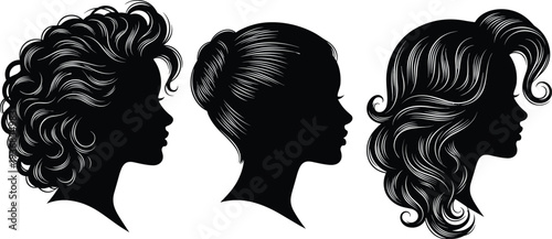 Flat Vector Illustration Silhouette Set of Beautiful Women Heads with Different Hairstyles Curly Bun and Wavy Hair for Beauty Salon Fashion