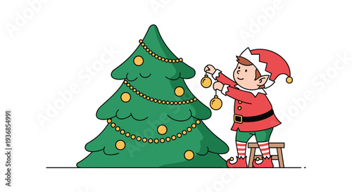Cheerful Christmas elf is standing on a stool to decorate a green holiday tree with shiny gold ornaments and festive beaded garlands.