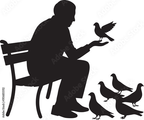 Silhouette man feeding birds on bench with pigeons around him outdoors