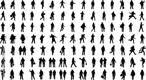 Large collection of diverse people silhouettes walking standing and commuting with bags isolated on white background for architectural visualization and urban design