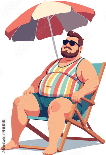  uomo seduto su sedia al mare in spiaggia con ombrellone che prende il sole in costume da bagno vettoriale 