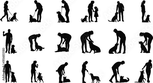Large collection of silhouettes featuring men, women, and children interacting with dogs, practicing obedience training, and showing affection to pets.