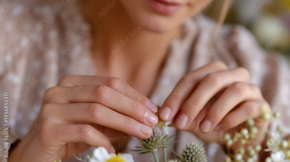 Fototapeta premium Close up of a florist hands carefully arranging small floral elements in a bouquet floristry workshop and handmade assembly
