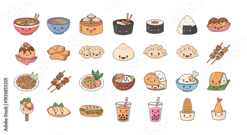 Kawaii Street Food Vector Set - Cute Asian Cuisine Doodles: Ramen, Sushi, Dim Sum, Boba Tea, and Snacks Illustrations on White Background