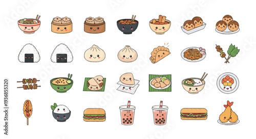 Kawaii Street Food Vector Set, Cute Asian and Global Snacks Collection Illustration