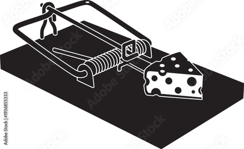Mousetrap with cheese vector illustration, silhouette isolated. Trap for rodents on white background, black outline sketch