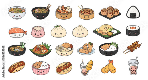 Kawaii Asian Street Food Vector Set, Cute Japanese and Southeast Asian Cuisine Illustration