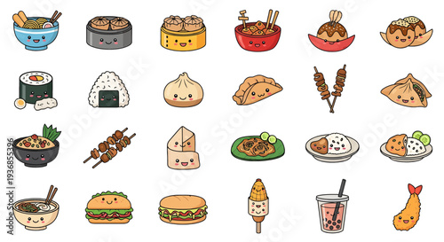 Kawaii Asian Street Food Vector Icons Set - Cute Japanese, Chinese, and Southeast Asian Cuisine Illustrations with Smiling Faces