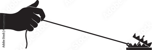 Hand pulling tripwire attached to bear trap, preparing for trap or danger, symbol of risk, prank or consequence, cautionary symbol