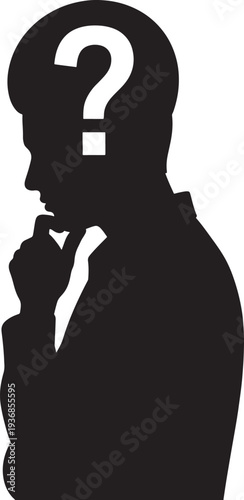 Silhouette of pensive man with question mark over head, concept of uncertainty or problem solving vector illustration