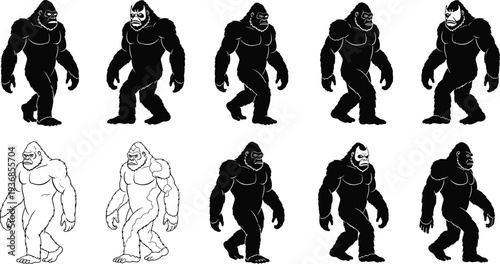 Powerful Bigfoot and Gorilla Silhouette Vector Set Featuring Strong Walking Poses and Detailed Outlines Isolated on White Background for Graphic Design