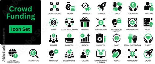 Silhouette vector of Crowd Funding icon set. Crowd Funding Icon Collection Set. Donation, Funding, Investor, Revenue, Capital, Savings, cash icon. Solid Style Illustration