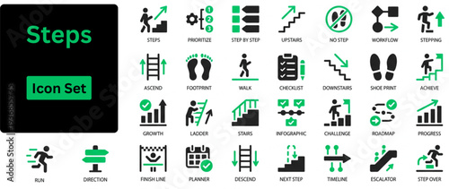 Silhouette vector of Steps icon set contains step, climbing, walking, progress, up, growth, stair and more. Solid icons set. 