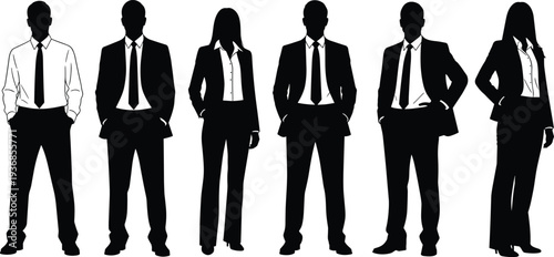 Professional business team silhouettes standing in formal suits and blazers diverse corporate group for office leadership success and modern company career growth flat vector illustration