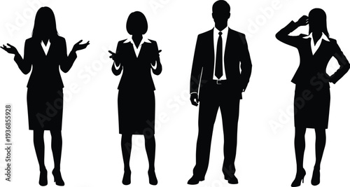 Professional set of black silhouettes featuring diverse business men and women in formal suits standing in confident leadership and corporate office poses.
