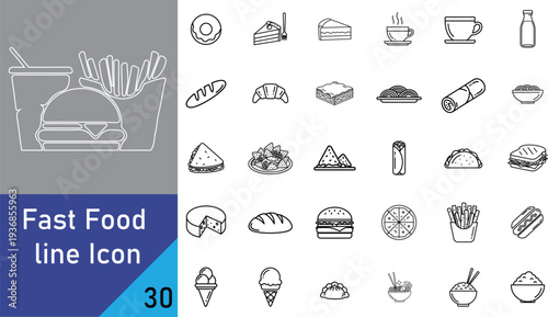Fast food line icon set with various restaurant and meal illustrations