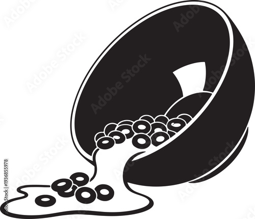 Spilled cereal bowl vector illustration with milk puddle and round grain loops scattered on floor in minimalist black silhouette style for kitchen