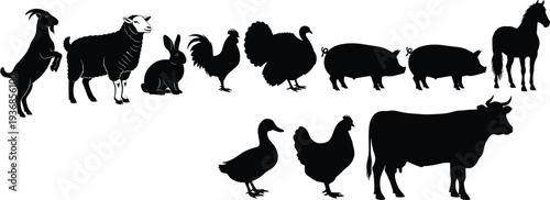 Rustic Collection of Farm Animal Silhouettes Including Cow Horse Sheep Goat Pig Rabbit Rooster and Poultry Vector Illustrations for Agriculture