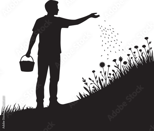 Man sowing seeds in a garden with plants, black silhouette vector