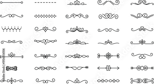A rich assortment of black and white outlined decorative dividers, elegant flourishes, and ornamental design elements perfect for enhancing typography, borders, and graphic layouts.