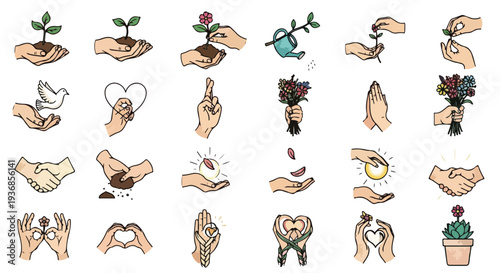 A comprehensive vector set of hand gestures symbolizing care, growth, nature, love, charity, and human connection. Perfect for environmental, social, and community themes.