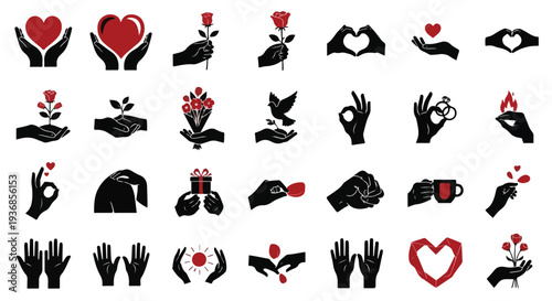 Set of black silhouette hands holding hearts, roses, and gifts, depicting concepts of love, care, generosity, peace, and human connection.