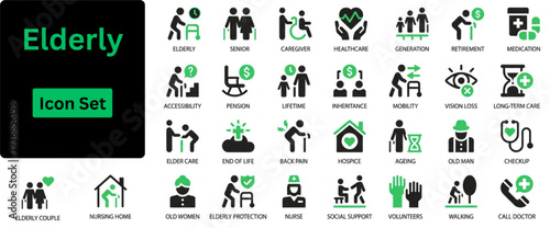 Silhouette vector of Elderly icon set. Elderly icon set. featuring icons of various old, senior, Pensioner, grandparents, caregiver, health care, and more. Solid icons set. 
