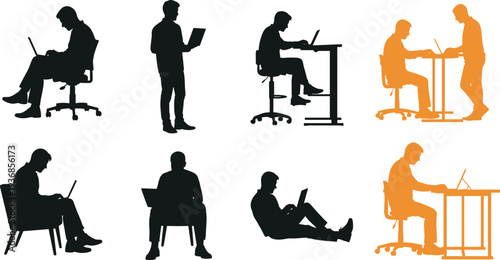Set of black and orange silhouettes featuring men working on laptops while sitting standing and reclining for remote work and freelance office lifestyle.