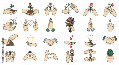 Diverse vector set of hand gestures for growth, love, care, nature, and human connection. Hands holding plants, hearts, doves, and spiritual, supportive actions.