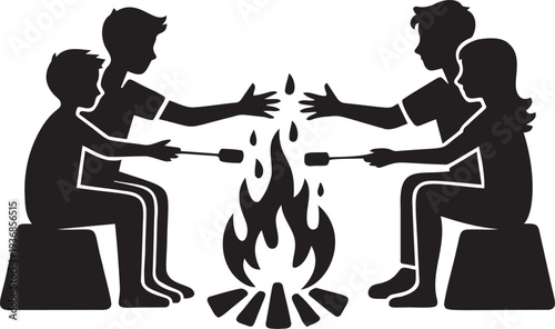Friends roasting marshmallows over campfire vector silhouette art