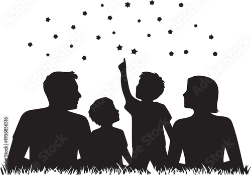 Family looking at stars together in night sky vector silhouette art