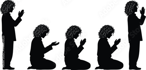 Set of black silhouettes featuring a woman with curly hair in various prayer poses kneeling and standing in spiritual meditation