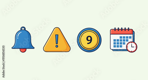 Set of Alarm Bell Warning Icons.