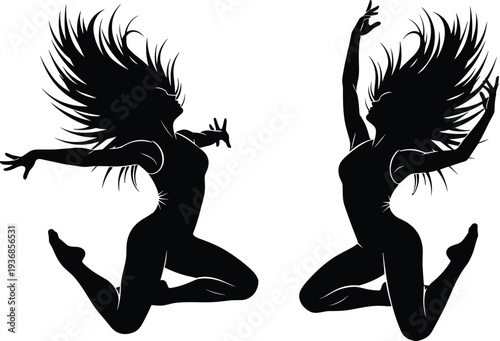 Set of black silhouettes featuring active women jumping and scuba divers swimming underwater with snorkeling gear for summer sports design