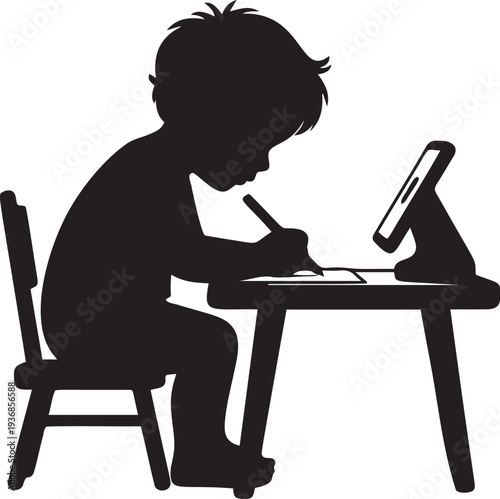 Silhouette of young boy learning on tablet with stylus at desk