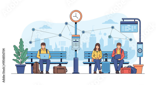 Group of travelers are waiting at a transit station while using laptops and tablets, connected by a network of digital communication icons.