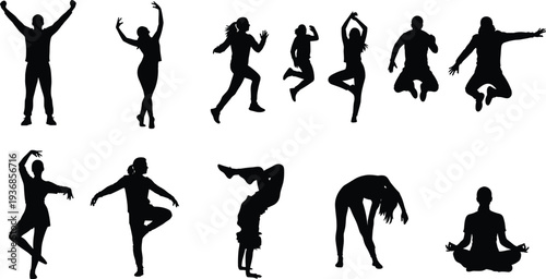 Set of black silhouettes featuring people jumping dancing practicing yoga stretching and performing handstands for fitness wellness and active healthy lifestyle.