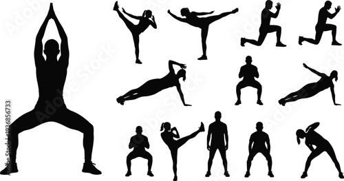 Set of black silhouettes featuring men and women practicing yoga stretching squats and martial arts kicks for fitness wellness and active healthy lifestyle.
