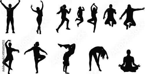 Set of black silhouettes featuring people jumping dancing practicing yoga stretching and performing handstands for fitness wellness and an active healthy lifestyle.