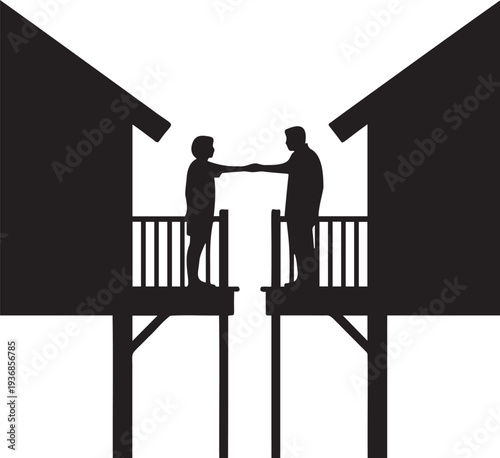 Two people shaking hands on balconies of two separate houses illustration